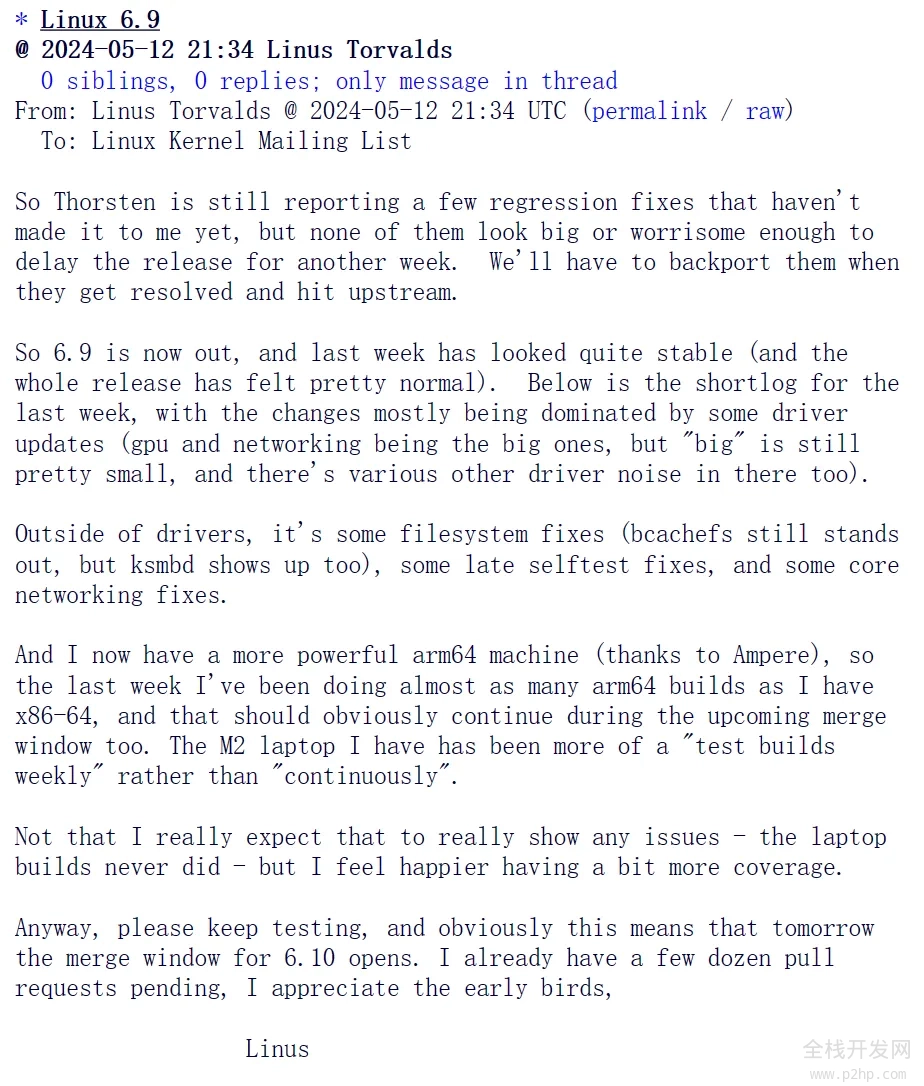 Linux 6.9 发布邮件